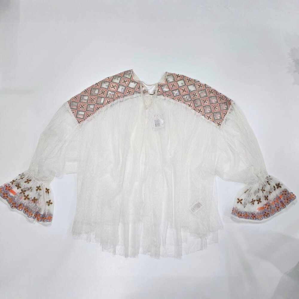 Free People ✦ Boho Tunic Top ✦ Ivory Combo Swiss Dot Embroidered Sheer XS NWT - Picture 3 of 13